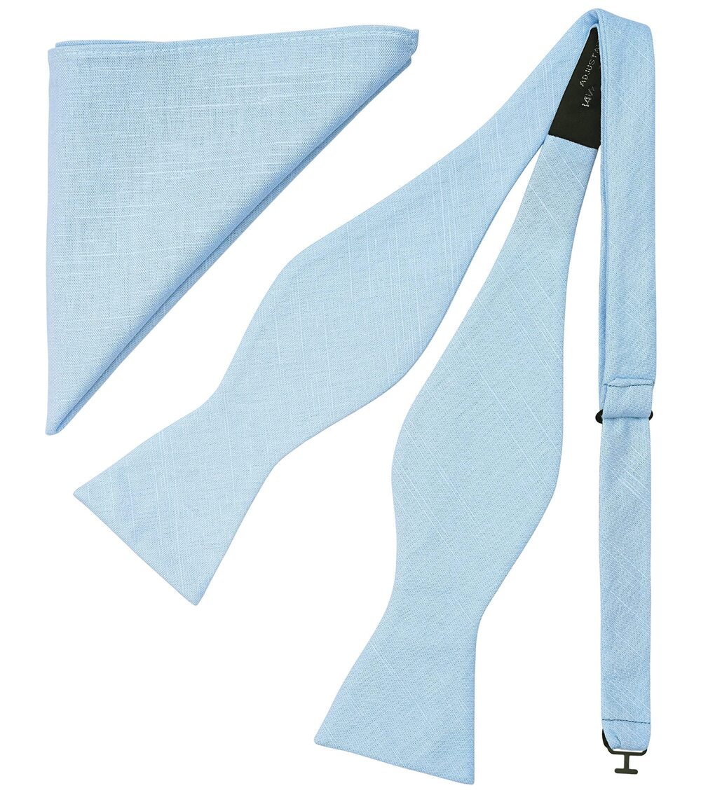 4321 Baby Blue Bow Tie and Pocket Square Tuexdo, Self-Tied Cotton Linen Bow